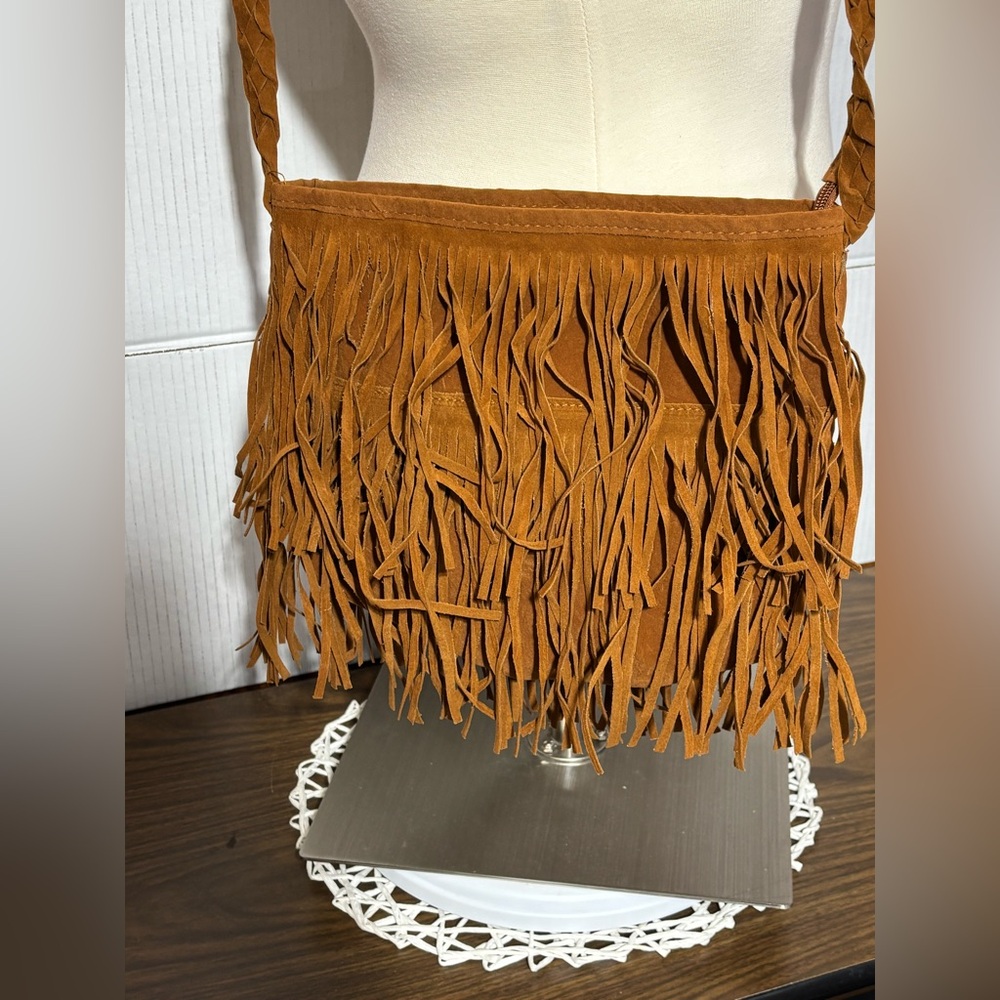No name Fringe Tan Crossbody Bag 2 rows of fringe 10”H x12”W never carried CLEAN